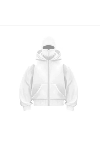 Erkek Samuray Ninja Çift Kapşonlu ZIP Fermuarlı Kanguru Cepli Tam Fermuarlı Hoodie Swetshirt - Beyaz