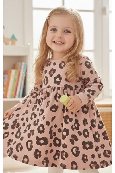 MODA Premium İçi Yumuşak Polarlı Kız Çocuk Leopar Desenli Salaş Elbise