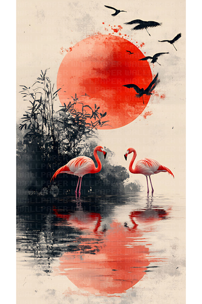 Arterior Wallpaper Ay flamingolar kuşlar illüstrasyon poster duvar kağıdı