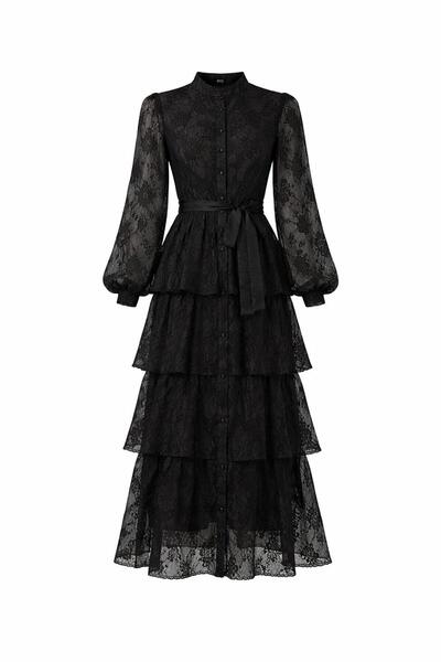 eyatelier Kat kat volanlı nakış işlemeli şifon elbise