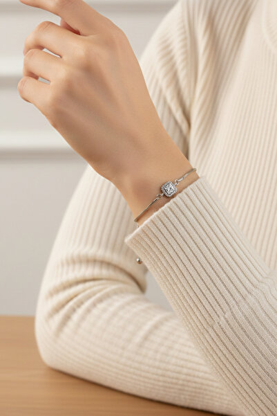 takimaster Silver Color Square Baguette Stone Elevator Steel Bracelet - Adjus...