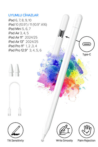 Nezih Case iPad Uyumlu Eğim Hassasiyetli Avuç İçi Redli Type-C Şarjlı Stylus ...