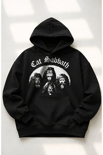 Fuddy Moda Unisex Φούτερ με κουκούλα Black Sabbath με στάμπα γάτας, Oversize ...