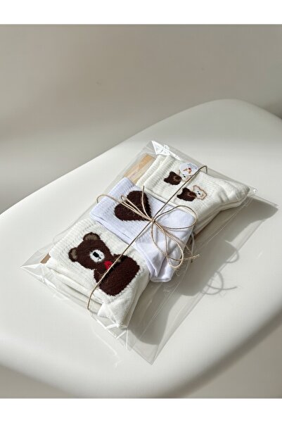 DeGo Shop 3'lü Peluş Teddy ve Kalp Desen Kadın Kolej,Soket Çorap