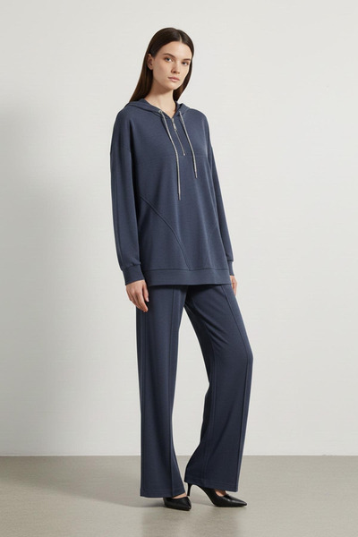 Puane Rahat Kesim Kapüşonlu Sweatshirt ve Pantolon Takımı İndigo 14411