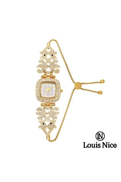 Louis Nice ساعة نسائية لويس نايس كريستال ستيل ذهبي