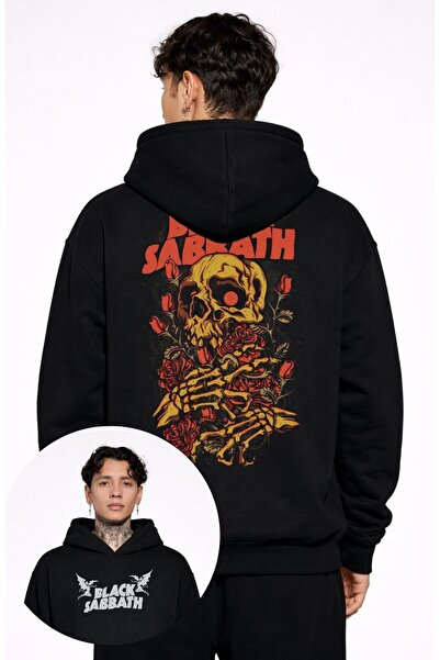 Fuddy Moda Unisex Φούτερ με κουκούλα με στάμπα Black Sabbath Rose στην πλάτη,...