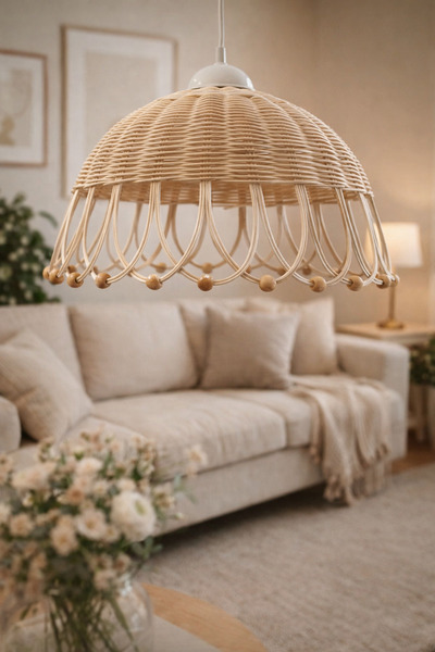 HAPPYHANDSSAPANCA Doğal Hasır Bohem Sarkıt Avize – Ahşap Boncuk Detaylı Salon...