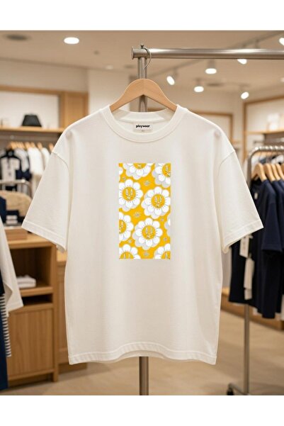 playwear Унисекс бяла овърсайз памучна плетена тениска с принт на слънчеви ма...