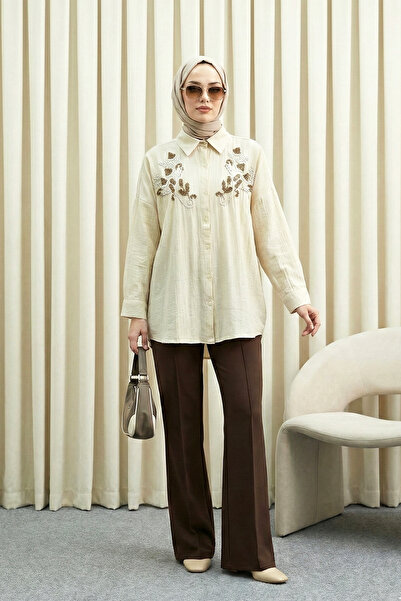 MODAQU Beaded Embroidered Patterned Strawberry Shirt Tunic - Beige