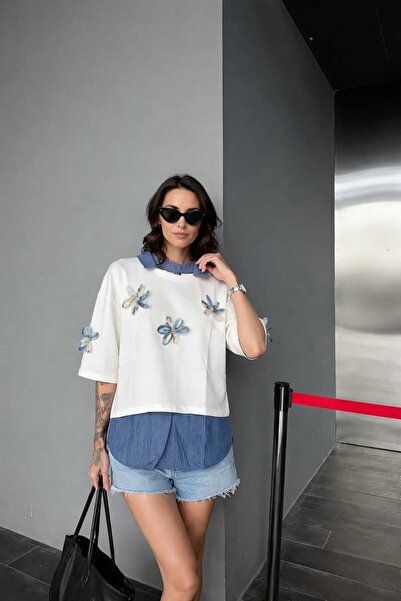 Kuzey Tekstil Kadın Beyaz Mavi Gömlek Yakalı 3D Çiçek İşlemeli %100 Pamuklu T...