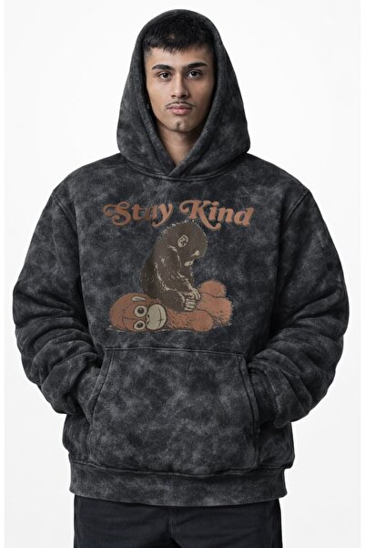 Fuddy Moda Unisex Oversize Stay Kind Monkey Punch Printed Hooded Washable Swe...