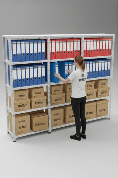 Raffar Galvaniz 5 Katlı 3Lü Birleşik Arşiv Raf Sistemi - Çelik Raf - Metal Ra...