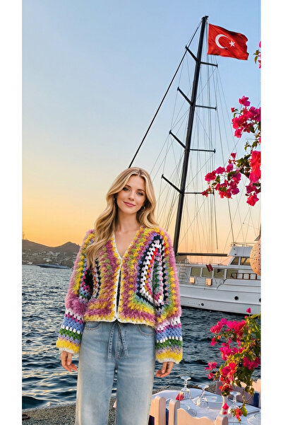 Tanem Çarşı Women's Cardigan Hand-Knitted Cotton Colorful Short Cardigan (51c...