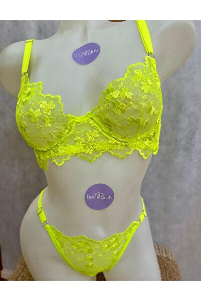 Bee Glow Neon Çiçek Desenli Dantel Bralet İç Çamaşır Takımı