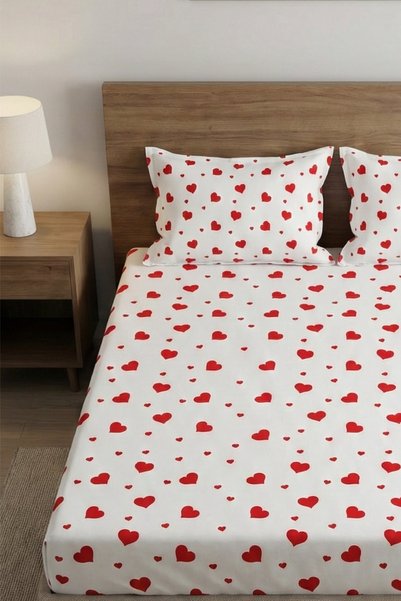 SULTANHOMEEE 100 Cotton Luxury Poplin Fabric Fitted Sheet |   Single/Double/King Size |   Love Sultan Series with Heart