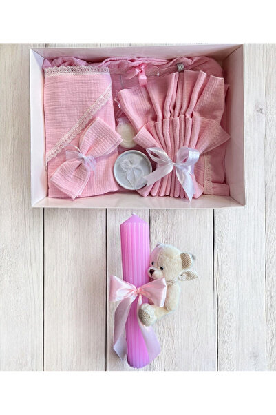 Botez Set trusou muselina si lumanare striata roz cu ursulet