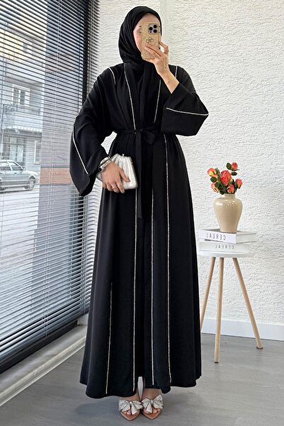 MELEK ARAZ Taş Şerit Detaylı İkili Abaya Takım –Siyah