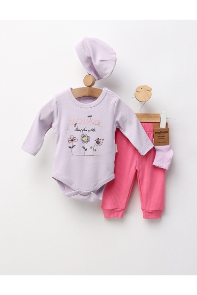 MiniKids Set 4 piese bebe, Blossom, mov 68 (3-6 luni)