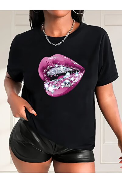 GALASHOP تي شيرت مطبوع عليه Diamond Lip للنساء