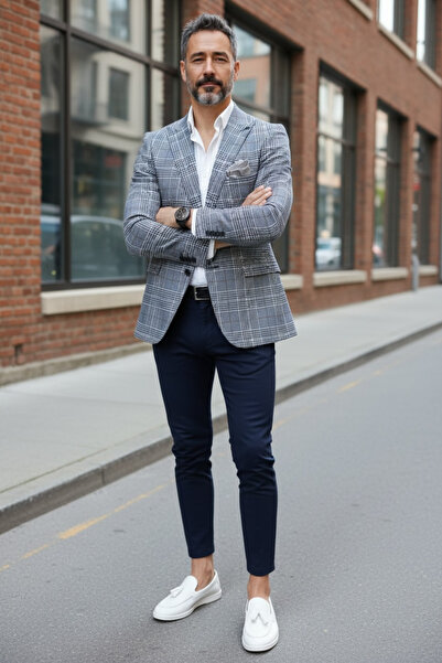 dehaine Men's Slim Fit checked jacket, 1041, navy blue