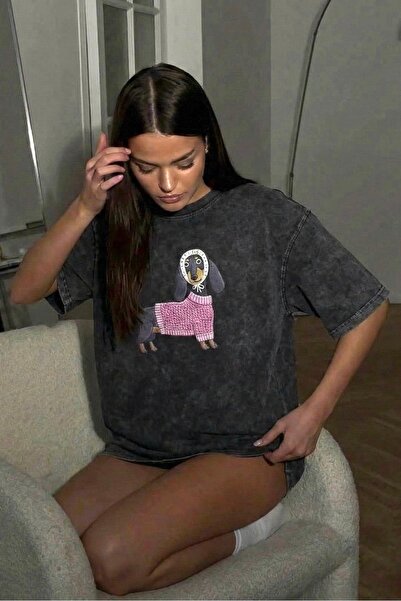 Noi Belis Oversize Pattern Printed Knitted T-Shirt with Washing Detail Ss26Ts...