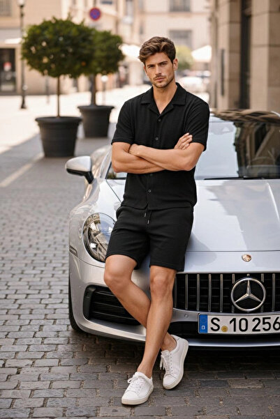 LUMİART Men's Waffle Fabric Short Sleeve Shirt Shorts Set Regular Fit Summer ...