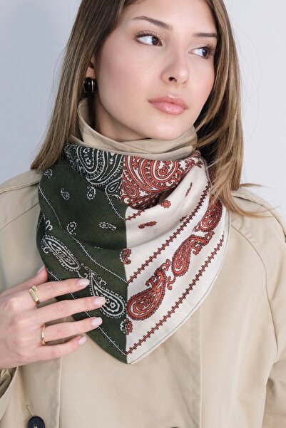 YENGEÇ Green and Ecru Ethnic Pattern Cotton 70*70 Scarf