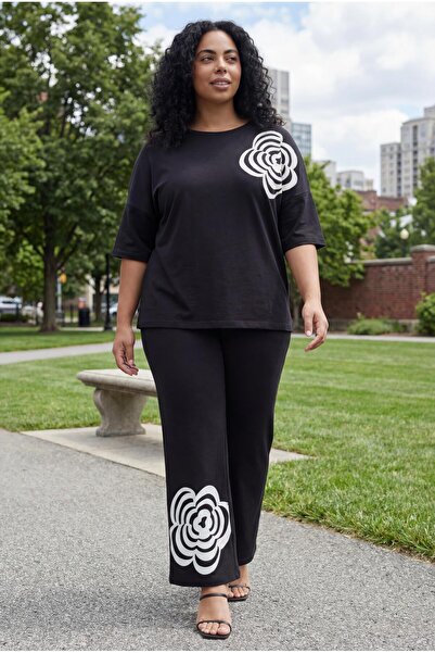 Ebsumu Women's Plus Size Short Sleeve Printed Black Tracksuit Set