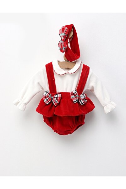 MiniKids Body stil rochita, din catifea, cu bentita, alb-rosu 68 (3-6 luni)