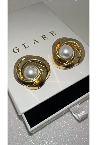 GLARE JEWELRY CO İnci Detaylı Zara Model Gold Çivi Çelik Küpe