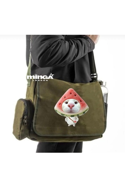 Minga London Geantă messenger kaki cu pisică și pepene verde -mingalondon
