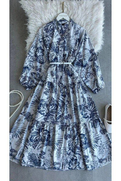 Çağlam moda Büyük Beden Viskon Mavi Çiçek Desenli Yazlık Elbise – Bel Kemerli...