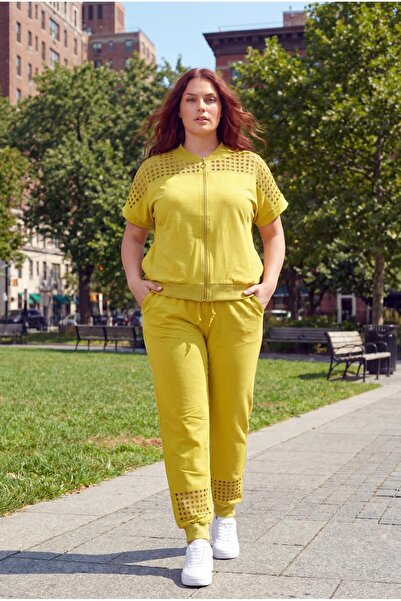 Ebsumu Women's Plus Size Transparent Cutout Natural Stone Printed Yellow Trac...