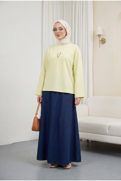 Modamorfo Floral Embroidered Front Round Neck Loose Combed Cotton Tunic - Lig...