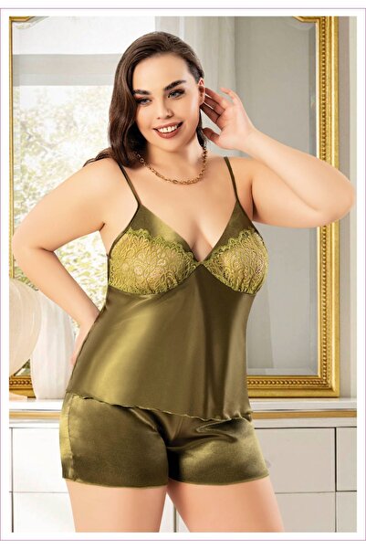 euro click Plus Size Khaki Satin Shorts Pajama Set – 2-Piece Nightwear Set wi...