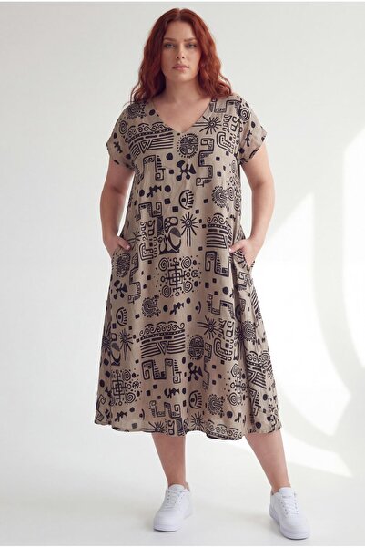 Ebsumu Women's Plus Size V-Neck Geometric Pattern Woven Mink Dress