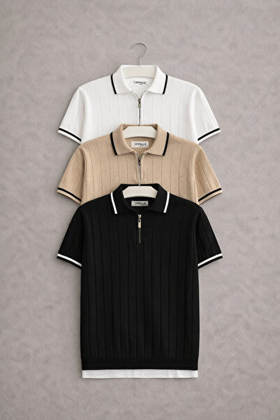 oneoff Men's 3-Pack Polo Collar Knitwear Textured Half-Zip Regular Cotton Mul...