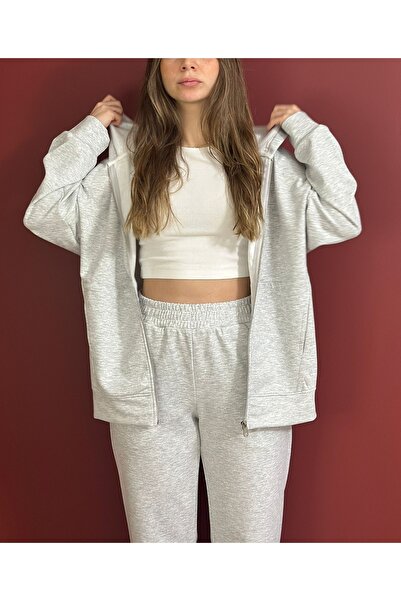 olleo studio Kadın Gri Melanj Kapüşonlu Oversize Modal Kumaş Yumuşak Tuşe Fer...