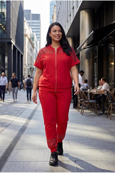 Ebsumu Women's Plus Size Transparent Cutout Natural Stone Printed Red Tracksu...