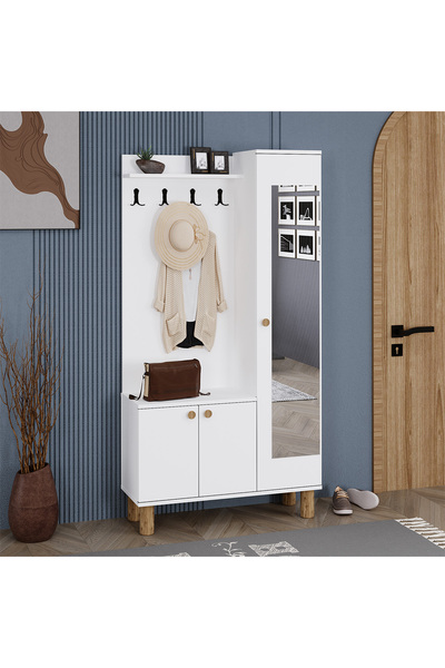 Kalender Dekor Aslı Max Bohem Ayaklı Aynalı Portmanto Vestiyer Ayakkabılık Beyaz