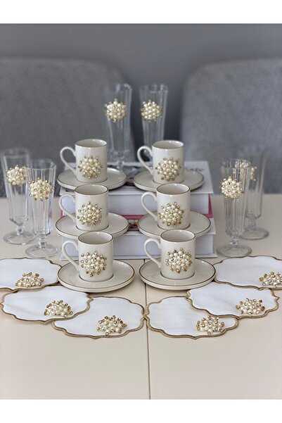 Hediye Köşkü İncili Lüks Porselen 24 Parça Kahve Sunum Seti