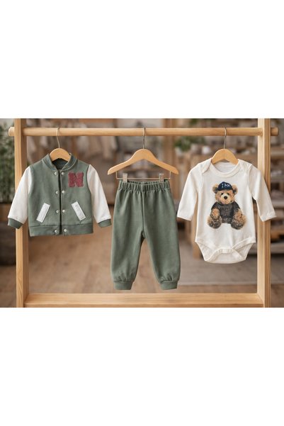 Atlas Baby House Baby Boy Khaki 3-Piece Set Teddy Bear Printed Bodysuit College Cardigan Pants Set