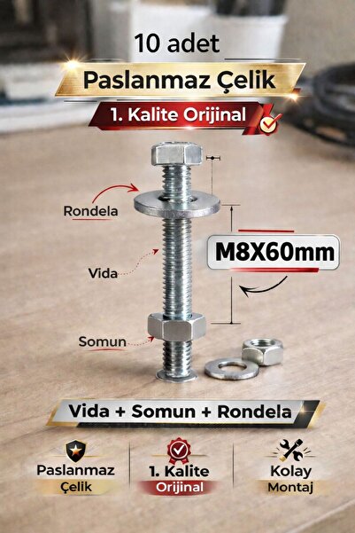 akatsuki Paslanmaz Çelik civata + Somun + Rondela Seti (M8x60mm) – 10 Adet
