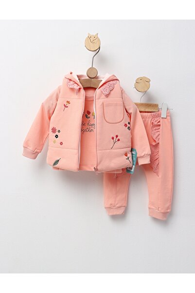 MiniKids Set 3 piese, cu vesta, Be Happy Together, corai 74 (6-9 luni)