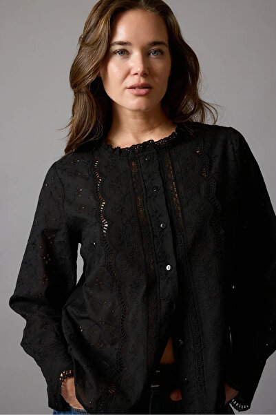 bysoca Women's Black Vintage Scallop Embroidery Ruffle Collar Long Sleeve Pin...