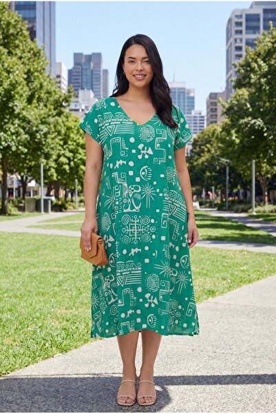 Ebsumu Women's Plus Size V-Neck Geometric Pattern Woven Green Dress