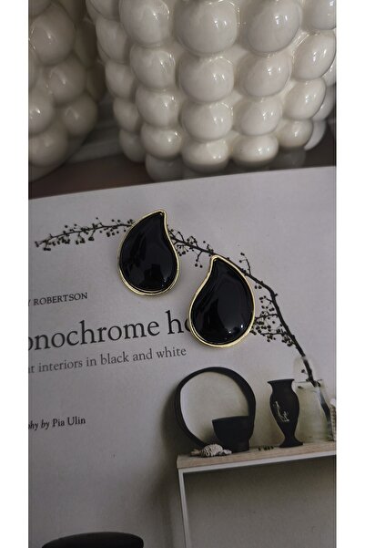 VOBEEYKU Gold Edged Drop Edged Black Stone Look Earrings