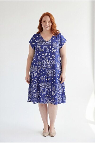 Ebsumu Women's Plus Size V-Neck Geometric Pattern Woven Blue Dress