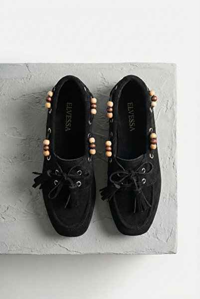 Elvessa Women's Black Suede Tasseled Bead Detailed Comfortable Sole Moccasin ...